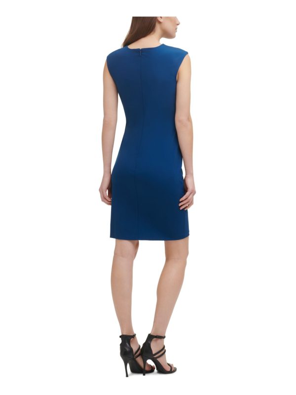 DKNY Womens Blue Zippered Side-knot Sleeveless Round Neck Above The Knee Cocktail Sheath Dress Sale