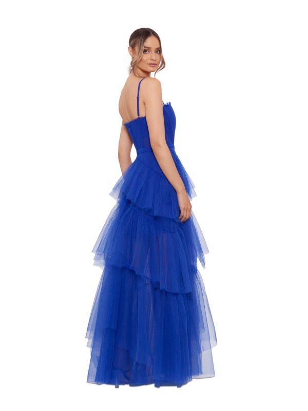 BETSY & ADAM Womens Blue Mesh Zippered Lined Corset-style Bodice Tiered Skirt Spaghetti Strap Square Neck Full-Length Prom Gown Dress Hot on Sale