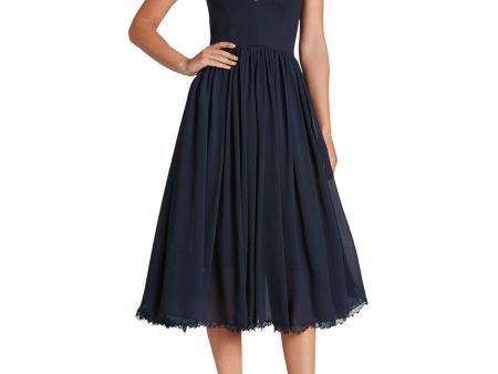 DRESS THE POPULATION Womens Navy Zippered Fringed Lace Hem Lined V Back Sleeveless V Neck Midi Party Fit + Flare Dress Sale