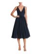 DRESS THE POPULATION Womens Navy Zippered Fringed Lace Hem Lined V Back Sleeveless V Neck Midi Party Fit + Flare Dress Sale