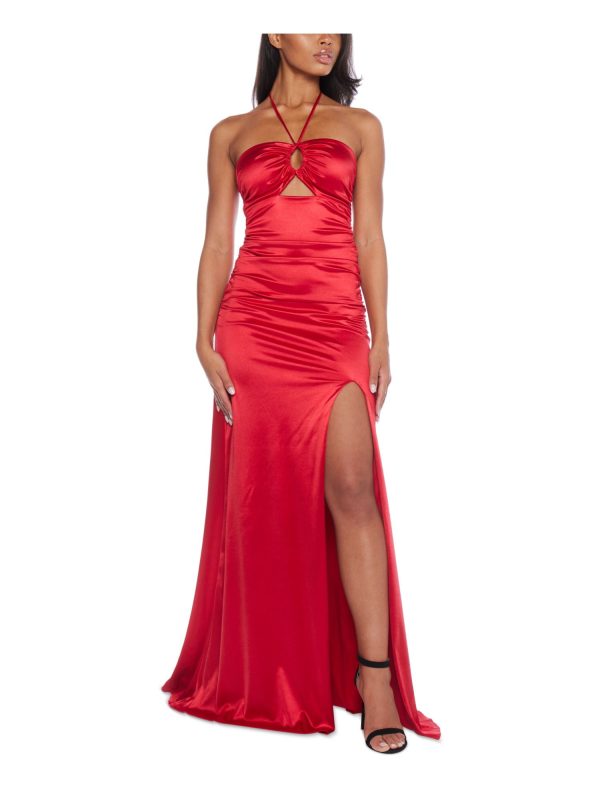 B DARLIN Womens Red Zippered Sleeveless Halter Full-Length Prom Gown Dress For Discount