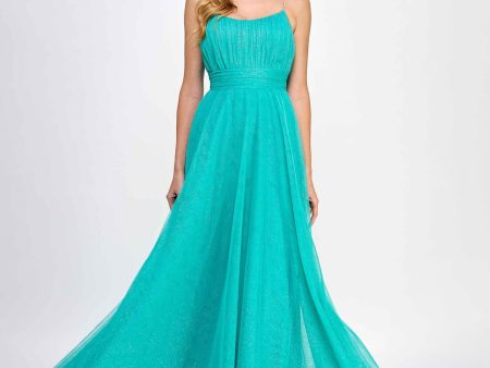 CITY STUDIO Womens Green Pleated Zippered Tie-belt Rhinestone Straps Lined Spaghetti Strap Scoop Neck Full-Length Prom Gown Dress Discount