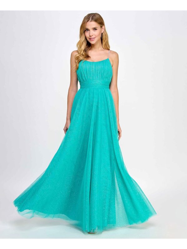 CITY STUDIO Womens Green Pleated Zippered Tie-belt Rhinestone Straps Lined Spaghetti Strap Scoop Neck Full-Length Prom Gown Dress Discount