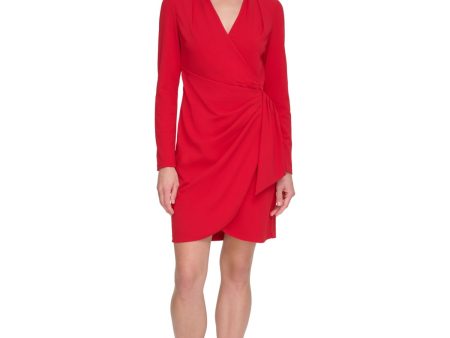 DKNY Womens Red Zippered Pleated Draped Skirt Long Sleeve Surplice Neckline Above The Knee Party Faux Wrap Dress Online