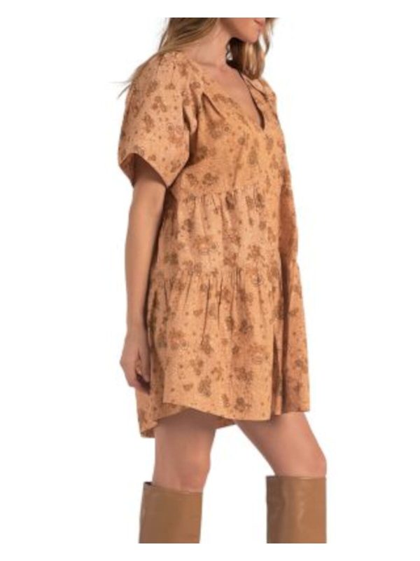 ELAN Womens Orange Printed Short Sleeve V Neck Mini Shift Dress Sale