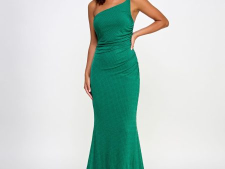 CRYSTAL DOLLS Womens Green Embellished Ruched Cut Out Back Sleeveless Asymmetrical Neckline Full-Length Formal Gown Dress Online Sale