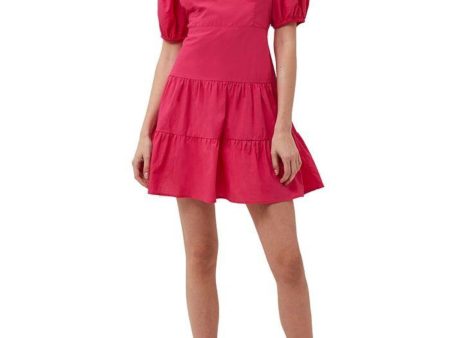 FRENCH CONNECTION Womens Pink Woven Zippered Smocked Tiered Cut Out Pouf Sleeve V Neck Short Fit + Flare Dress For Discount