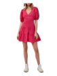 FRENCH CONNECTION Womens Pink Woven Zippered Smocked Tiered Cut Out Pouf Sleeve V Neck Short Fit + Flare Dress For Discount