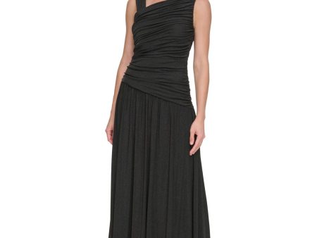 DKNY Womens Black Ruched Zippered Lined Sleeveless Asymmetrical Neckline Full-Length Formal Gown Dress For Sale