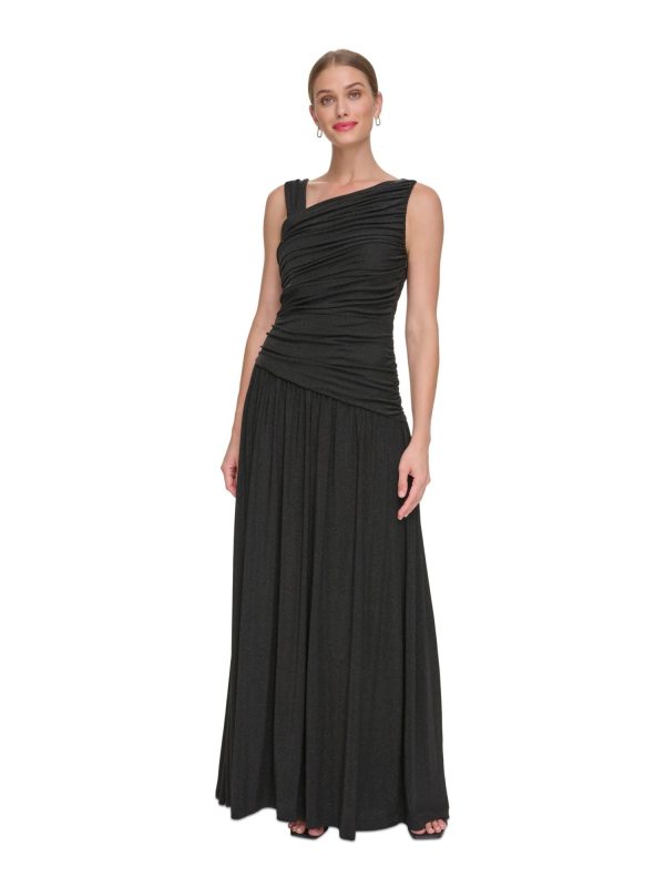 DKNY Womens Black Ruched Zippered Lined Sleeveless Asymmetrical Neckline Full-Length Formal Gown Dress For Sale