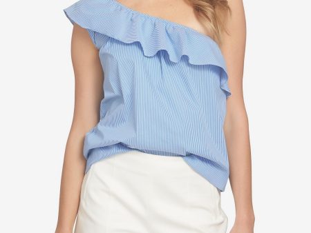 1. STATE Womens Blue Striped Asymmetrical Neckline Top on Sale