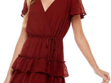 CITY STUDIO Womens Brown Textured Sheer Tiered Tie Waist Lined Flutter Sleeve Surplice Neckline Short Party Fit + Flare Dress Hot on Sale