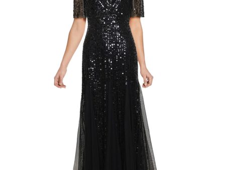 ADRIANNA PAPELL Womens Black Sequined Fitted Tuxedo Style Illusion Godets Short Sleeve V Neck Full-Length Formal Gown Dress Online