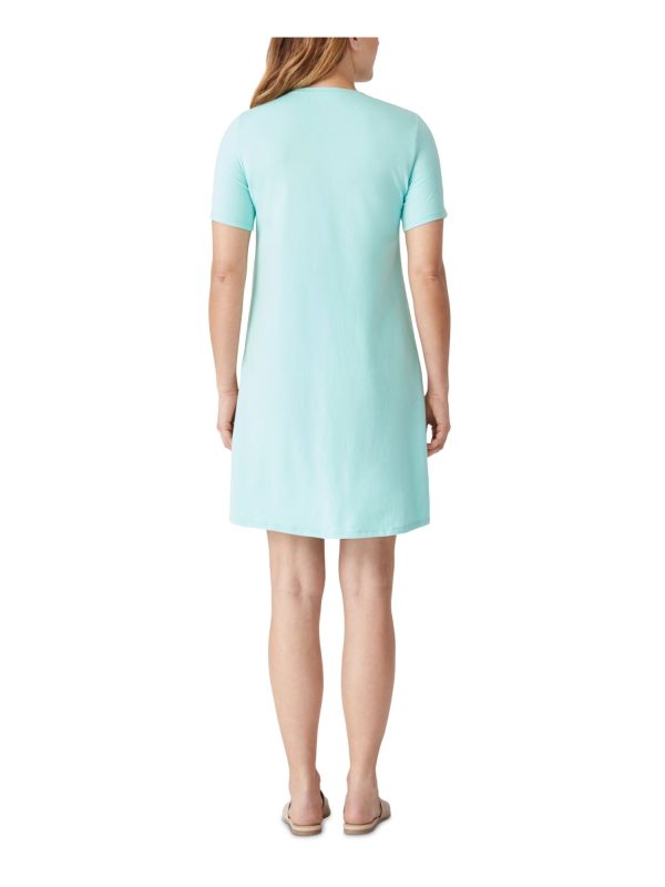 EILEEN FISHER Womens Aqua Stretch Short Sleeve Crew Neck Short Shift Dress For Cheap