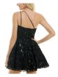 B DARLIN Womens Black Mesh Sequined Adjustable One Shoulder Lined Sleeveless Asymmetrical Neckline Short Party Fit + Flare Dress Sale