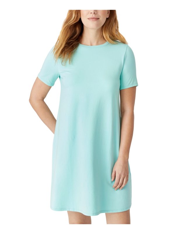 EILEEN FISHER Womens Aqua Stretch Short Sleeve Crew Neck Short Shift Dress For Cheap