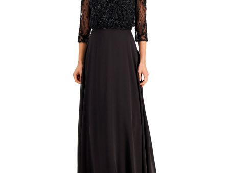 JKARA Womens Beaded 3 4 Sleeve V Neck Full-Length Evening Gown Dress Hot on Sale