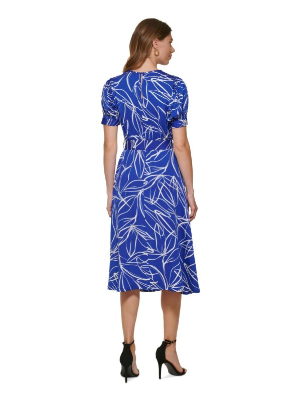 DKNY Womens Blue Zippered Slitted Keyhole Back Self-tie Belt Printed Pouf Sleeve Round Neck Midi Wear To Work Fit + Flare Dress Online Sale