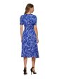 DKNY Womens Blue Zippered Slitted Keyhole Back Self-tie Belt Printed Pouf Sleeve Round Neck Midi Wear To Work Fit + Flare Dress Online Sale