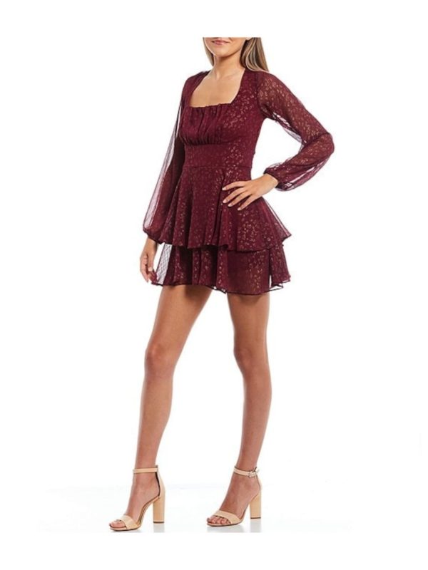 CITY STUDIO Womens Burgundy Pleated Zippered Tiered Skirt Tie Back Lined Long Sleeve Square Neck Mini Party Fit + Flare Dress Online now