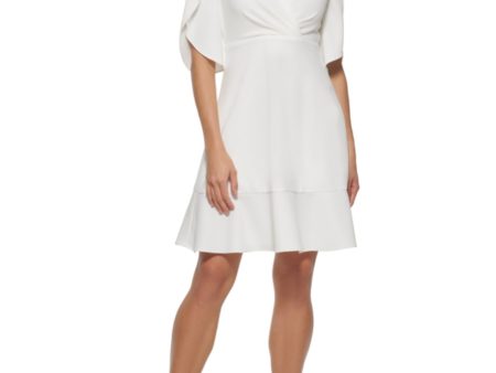 DKNY Womens Ivory Petal Sleeve Surplice Neckline Above The Knee Wear To Work Fit + Flare Dress Discount