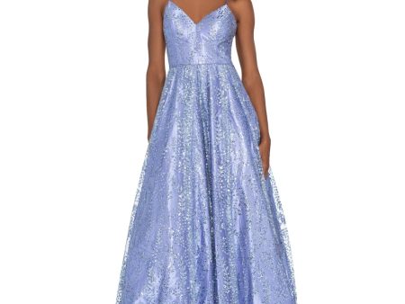 BLONDIE NITES Womens Light Blue Zippered Lined Lace-up Back Spaghetti Strap V Neck Full-Length Prom Gown Dress Discount