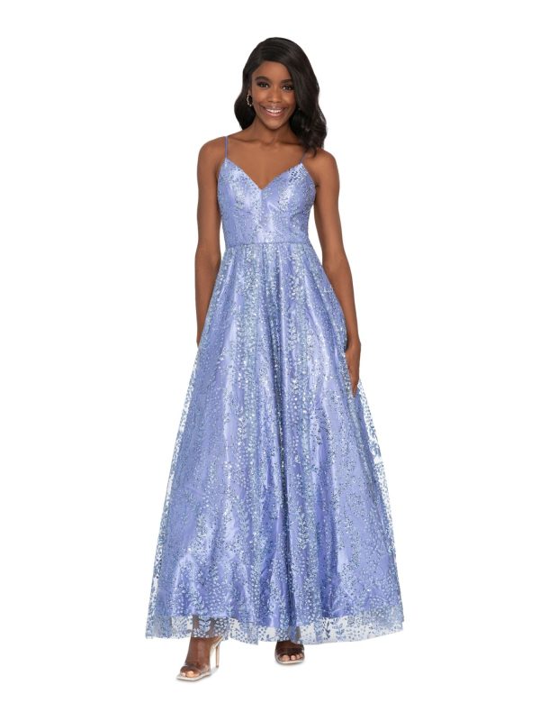 BLONDIE NITES Womens Light Blue Zippered Lined Lace-up Back Spaghetti Strap V Neck Full-Length Prom Gown Dress Discount