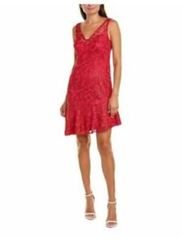 ADRIANNA PAPELL Womens Pink Lace Zippered Lined Asymmetrical Hem Sleeveless V Neck Short Party Fit + Flare Dress Supply