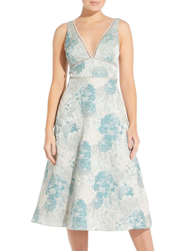 AIDAN MATTOX Womens Aqua Zippered Textured Lined Floral Sleeveless V Neck Midi Cocktail Fit + Flare Dress Hot on Sale