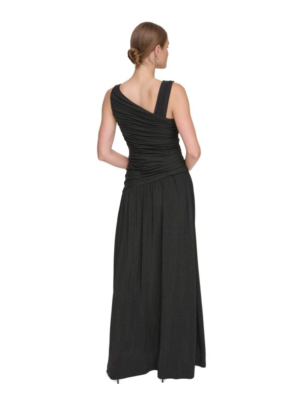 DKNY Womens Black Ruched Zippered Lined Sleeveless Asymmetrical Neckline Full-Length Formal Gown Dress For Sale