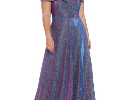 XSCAPE Womens Blue Zippered Pocketed Molded Cups Lined Short Sleeve Off Shoulder Full-Length Evening Gown Dress on Sale