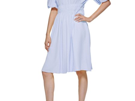 CALVIN KLEIN Womens Light Blue Textured Pullover Pouf Sleeve V Neck Above The Knee Wear To Work Fit + Flare Dress Cheap