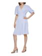 CALVIN KLEIN Womens Light Blue Textured Pullover Pouf Sleeve V Neck Above The Knee Wear To Work Fit + Flare Dress Cheap