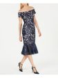 CALVIN KLEIN Womens Nylon Embellished Floral Short Sleeve Off Shoulder Below The Knee Evening Sheath Dress Online now