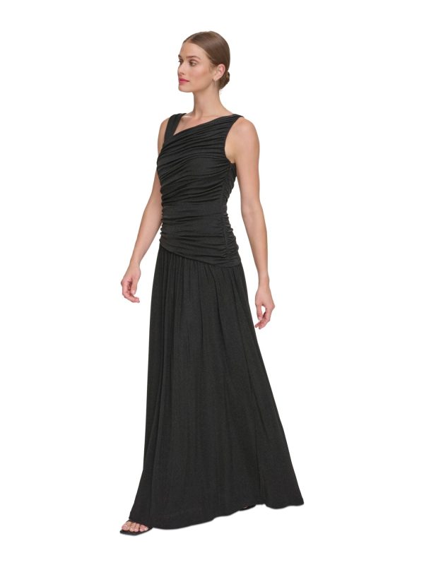 DKNY Womens Black Ruched Zippered Lined Sleeveless Asymmetrical Neckline Full-Length Formal Gown Dress For Sale