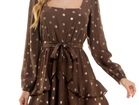 CITY STUDIO Womens Brown Ruffled Lined Self-tie Belt Long Sleeve Square Neck Short Party Fit + Flare Dress Cheap