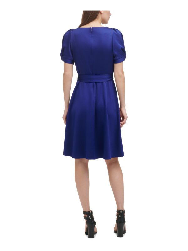 DKNY Womens Blue Pleated Zippered Belted Unlined Short Pouf Knot-s Surplice Neckline Above The Knee Evening Fit + Flare Dress Fashion