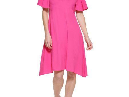 CALVIN KLEIN Womens Pink Textured Zippered Gathered Flutter Sleeve Round Neck Knee Length Party Sheath Dress For Cheap