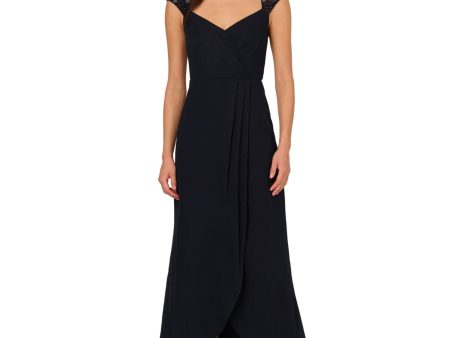 ADRIANNA PAPELL Womens Navy Embellished Zippered Cut Out Back Faux-wrap Lined Cap Sleeve Surplice Neckline Full-Length Party Mermaid Dress For Discount