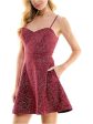 CITY STUDIO Womens Maroon Metallic Zippered Pocketed Open Back Adjustable Pinstripe Spaghetti Strap Sweetheart Neckline Short Party Fit + Flare Dress Fashion