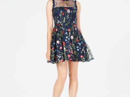 CITY STUDIO Womens Black Floral Sleeveless Illusion Neckline Short Evening Fit + Flare Dress Online