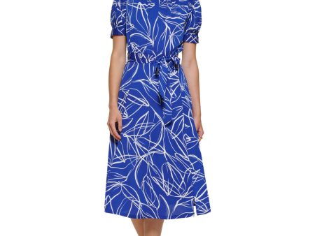 DKNY Womens Blue Zippered Slitted Keyhole Back Self-tie Belt Printed Pouf Sleeve Round Neck Midi Wear To Work Fit + Flare Dress Online Sale