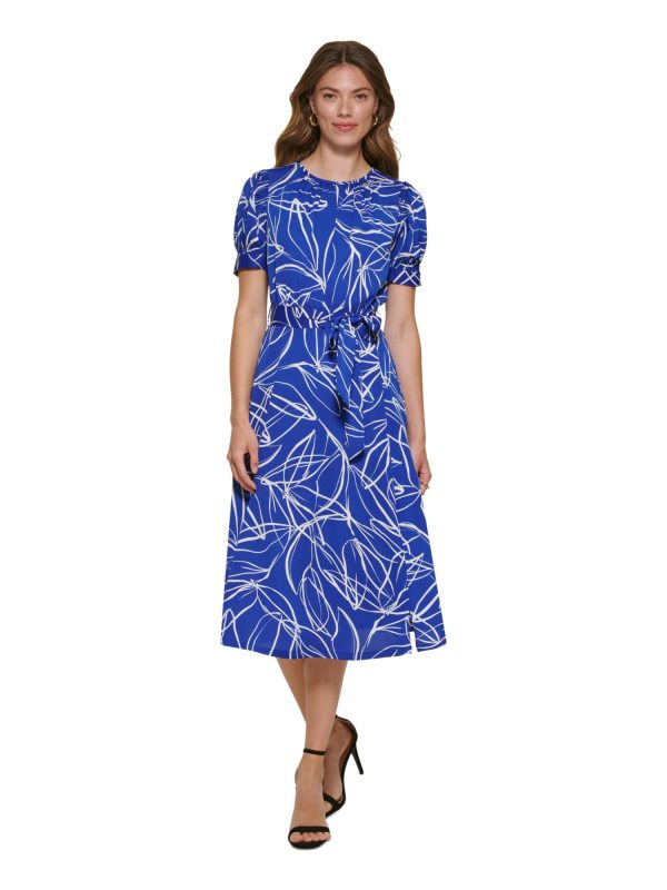 DKNY Womens Blue Zippered Slitted Keyhole Back Self-tie Belt Printed Pouf Sleeve Round Neck Midi Wear To Work Fit + Flare Dress Online Sale