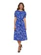 DKNY Womens Blue Zippered Slitted Keyhole Back Self-tie Belt Printed Pouf Sleeve Round Neck Midi Wear To Work Fit + Flare Dress Online Sale