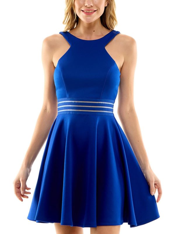 CITY STUDIO Womens Blue Zippered Illusion-waist Sleeveless Scoop Neck Above The Knee Party Fit + Flare Dress For Sale