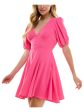 CITY STUDIO Womens Pink Gathered Lined Faux Buttons Smocked Back Waist Short Sleeve V Neck Short Party Fit + Flare Dress Discount