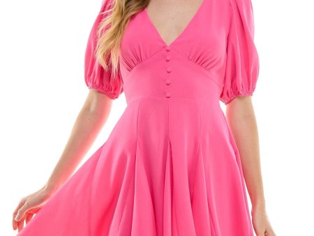 CITY STUDIO Womens Pink Gathered Lined Faux Buttons Smocked Back Waist Short Sleeve V Neck Short Party Fit + Flare Dress Discount