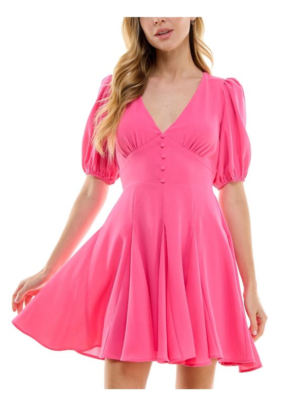 CITY STUDIO Womens Pink Gathered Lined Faux Buttons Smocked Back Waist Short Sleeve V Neck Short Party Fit + Flare Dress Discount