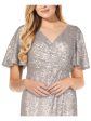 ADRIANNA PAPELL Womens Silver Sequined Zippered Pleated Slitted Draped Short Sleeve Surplice Neckline Full-Length Evening Gown Dress Fashion