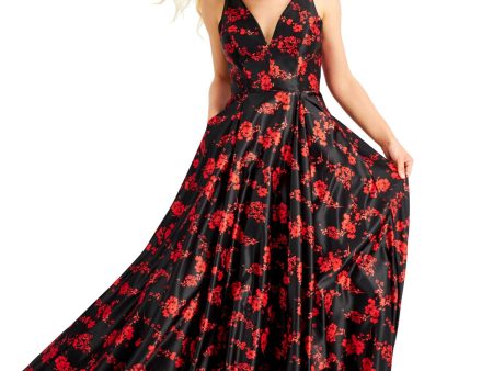 BLONDIE NITES Womens Black Zippered Floral Sleeveless V Neck Full-Length Prom Fit + Flare Dress Cheap